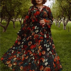 Ivy City Co Black Maxi Dress with Red, Orange & Green Floral Print